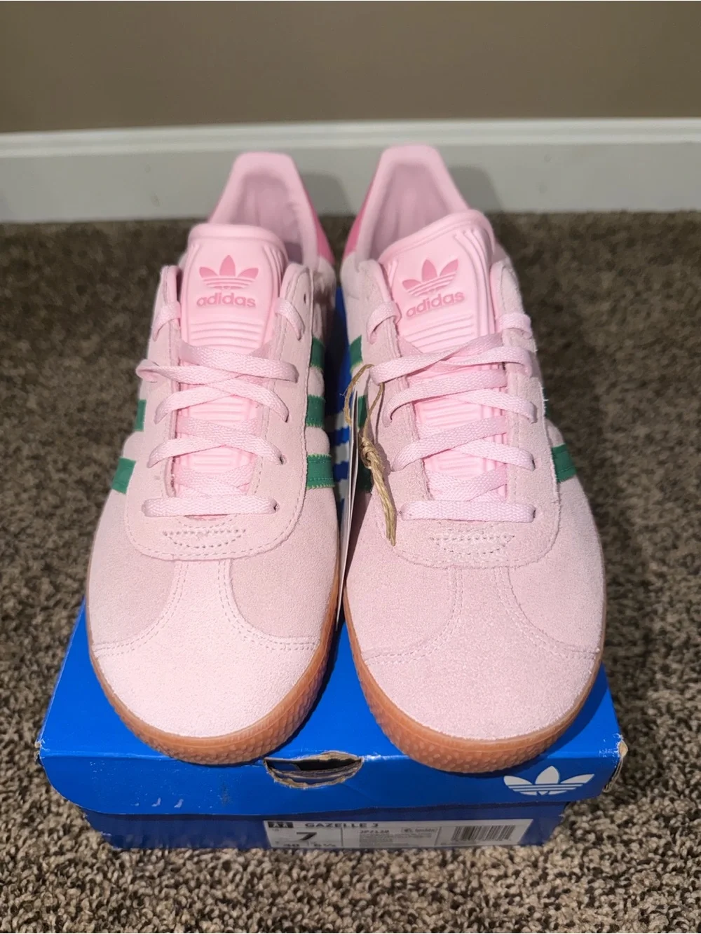 adidas Kids Pink Suede Sneakers with Green Stripes and Gum Sole